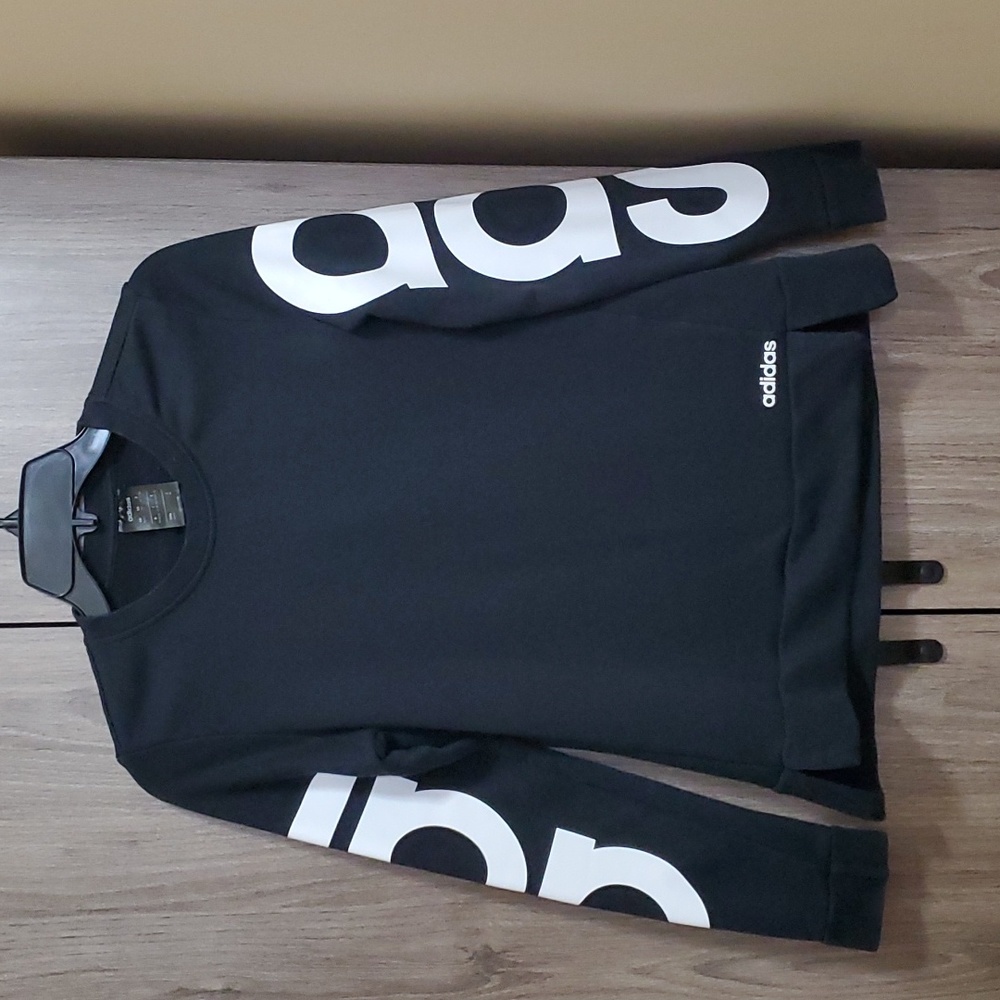Adidas women's black sweatshirt with silk screening on both sleeves